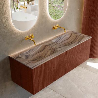 Badmeubel Mondiaz Kurve-Dlux | 130 cm | Meubelkleur Ruby | Wastafelkleur Sombra | Solid surface | Wasbak beide zijden spoelbak | Zonder kraangat(en)