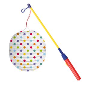 Bol lampion stippen - wit/regenboog - H22 cm - papier - met lampionstokje - 50 cm