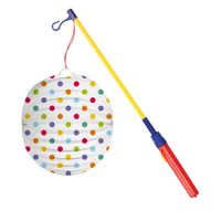 Bol lampion stippen - wit/regenboog - H22 cm - papier - met lampionstokje - 50 cm