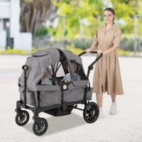 2 in 1 Opvouwbare Geschwisterwagen met Verstelbare Handgreep & Afneembare Kap Grijs