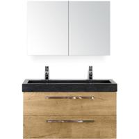 Seville Badmeubelset 100 cm - Natuur Eiken - Wastafel Hardsteen Wit Lucca 2 Kraangaten met Spiegelkast