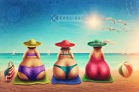 Karo-art Schilderij - Drie gezellige dames op het strand, Multikleur , 3 maten , Premium print