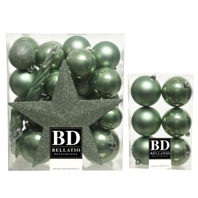 39x stuks kunststof kerstballen met ster piek salie groen mix