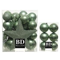 39x stuks kunststof kerstballen met ster piek salie groen mix