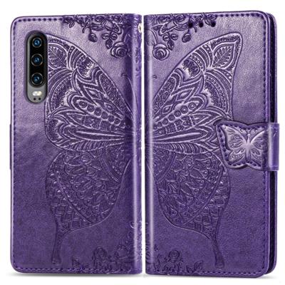 Butterfly Love bloemen reliëf horizontale Flip lederen case voor Huawei P30 met houder & kaartsleuven & portemonnee & Lanyard (donker paars)