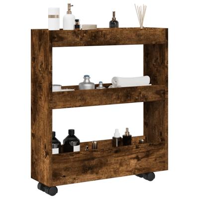 Opbergtrolley smal 3-laags bewerkt hout gerookt eikenkleurig