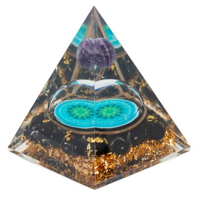 Orgonite Piramide Zwarte Toermalijn Flower Of Life en Amethist Bol (70