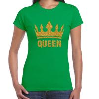 Koningsdag T-shirt voor dames - Queen - glitter goud - groen - feestkleding