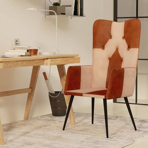 Fauteuil echt leer bruin en crmekleurig