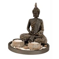 Boeddha beeldje met 2 kaarshouders op schaal - kunststeen - goud/zwart - 18 x 21 cm - deco artikel - thumbnail
