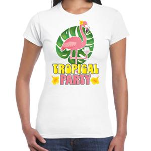 Tropical party T-shirt voor dames - flamingo - wit - carnaval/themafeest