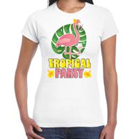 Tropical party T-shirt voor dames - flamingo - wit - carnaval/themafeest - thumbnail