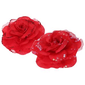 2x stuks decoratie bloemen rozen rood op clip 9 cm