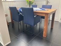 Set van 4 leren eetkamerstoelen - met wieltjes en armleuning - blauw leer - Echt leer, Modern, ontdek de vele Leersoorten en Kleuren bij ShopX