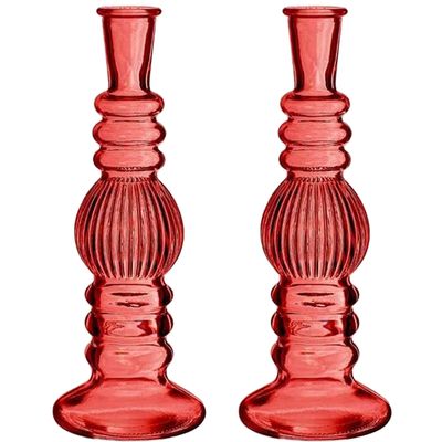 Kaarsen kandelaar Florence - 2x - koraal rood glas - ribbel - D8,5 x H23 cm