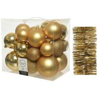 Kerstversiering kunststof kerstballen 6-8-10 cm met folieslingers pakket goud van 28x stuks - Kerstbal