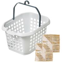 Wasknijpers ophang mandje/bakje - wit - met 96x bamboe knijpers - knijperszakken - thumbnail