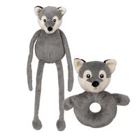 Pluche dieren setje wolf knuffel rammelaar 15 cm en fluffy knuffeldier 33 cm - thumbnail