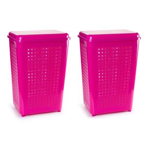 2x stuks grote wasmand met deksel van 50 liter in het fuchsia roze