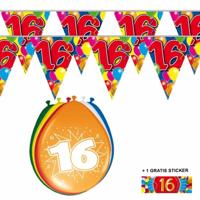 Shoppartners 16 jaar versiering set - kamer - 2x vlaggenlijnen - 8x ballonnen - gratis sticker