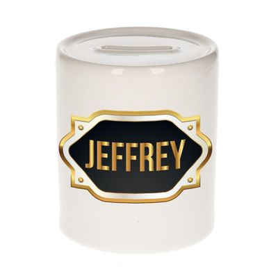 Naam cadeau spaarpot Jeffrey met gouden embleem