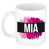Naam cadeau mok / beker Mia met roze verfstrepen 300 ml - thumbnail