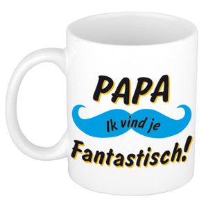 Papa ik vind je fantastisch cadeau mok / beker wit met blauwe snor 300 ml