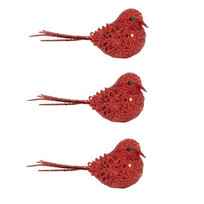 4x stuks decoratie vogels op clip glitter rood 12 cm