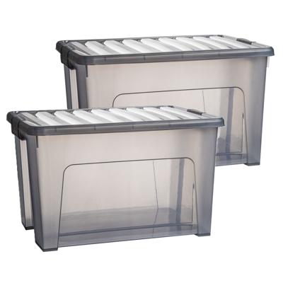 Opslagbox met deksel - 2x - transparant grijs - 47 liter - 54 x 38 x 32 cm - kunststof