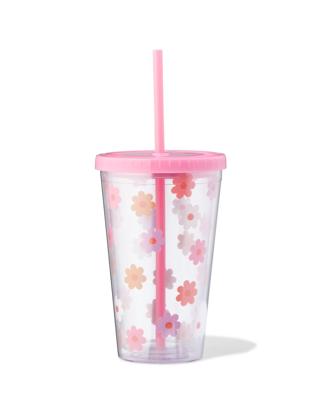HEMA Drinkbeker 0.5l Bloemen Roze Met Rietje