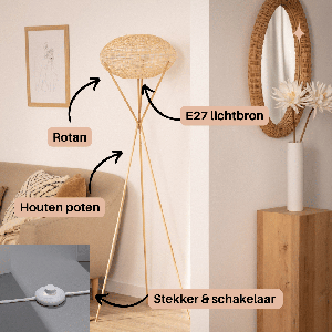 Vloerlamp bamboe 'Rolan' E27 fitting 165cm