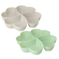Snackschaal / serveerschaal bloem - set 2x - met vakverdeling - wit / groen - kunststof - D32 cm