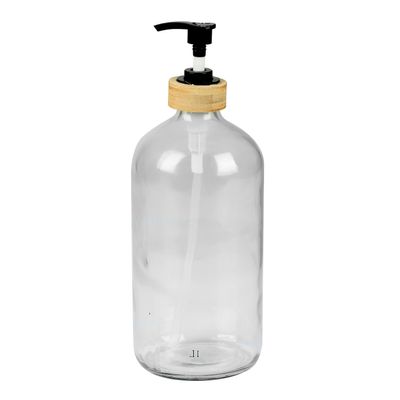 Zeeppompje/zeepdispenser van glas/bamboe - transparant - 1 liter - 24 cm