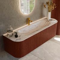 Badmeubel Mondiaz Kurve-Dlux | 150 cm | Meubelkleur Ruby | Wastafelkleur Nata | Solid surface | Wasbak midden spoelbak | 1 kraangat