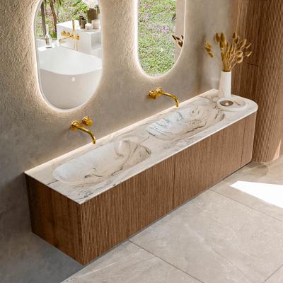 Mondiaz KURVE-DLUX 175 cm Onderkast Greeploos 2 Lades Met Deuren Walnut, Wastafel Solid Surface Links Glace 0 Kraangaten Zonder Spiegel (KRVSTS175R2L1D0KD-Wal/Gla)