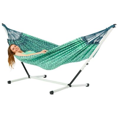Eenpersoons hangmat met metalen standaard - 300x140cm - Groen - 120kg draagkracht- 100% katoen - binnen & buiten