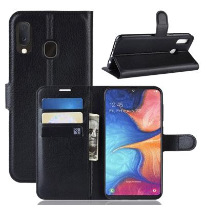 Litchi textuur horizontale Flip lederen case voor Galaxy A20e met portemonnee & houder & kaartsleuven (zwart)
