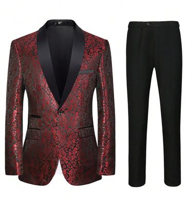 Bon&Bon Men's Slim Fit Floral Tuxedo Suit - Blue Shawl Lapel Blazer Set Burgundy / XXL