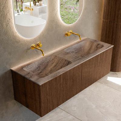 Badmeubel Mondiaz Kurve-Dlux | 130 cm | Meubelkleur Walnut | Wastafelkleur Oza | Solid surface | Wasbak beide zijden spoelbak | Zonder kraangat(en)