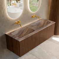 Badmeubel Mondiaz Kurve-Dlux | 130 cm | Meubelkleur Walnut | Wastafelkleur Oza | Solid surface | Wasbak beide zijden spoelbak | Zonder kraangat(en)