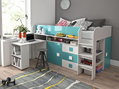 Samengesteld bed TOLISSO 90x200 cm wit/hoogglans blauw met bureau aan linkerzijde