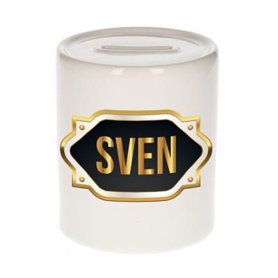 Spaarpot met voornaam Sven - wit - goud/zwart embleem - 8 x 9 cm - keramiek - afsluitdop Spaarpot met voornaam Sven - wit - goud/zwart embleem - 8 x 9 cm - keramiek - afsluitdop