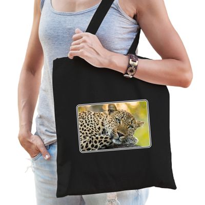Dieren tas van katoen met jaguars foto zwart voor volwassenen