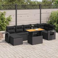 8-delige Loungeset met kussens poly rattan zwart