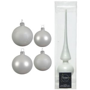 Glazen kerstballen pakket winter wit glans/mat 38x stuks 4 en 6 cm met piek glans