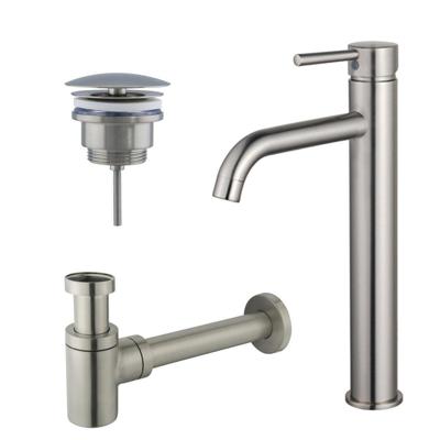 Fortifura Calvi Wastafelkraanset - verhoogde wastafelkraan - always open plug - verlaagde design sifon - Geborsteld RVS PVD (RVS) SW377857/SW696207/SW696217