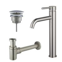 Fortifura Calvi Wastafelkraanset - verhoogde wastafelkraan - always open plug - verlaagde design sifon - Geborsteld RVS PVD (RVS) SW377857/SW696207/SW696217