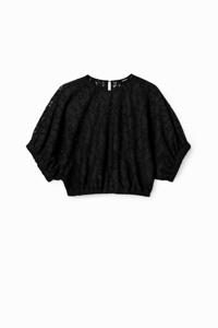 Korte kanten blouse met pofmouwen - BLACK - M