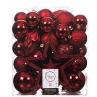 Kerstballen - 49x st incl. ster piek - rood - kunststof - 5, 6, 8 en 10 cm