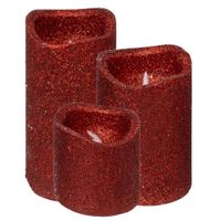 LED kaarsen/stompkaarsen set - 3x stuks - rood - glitter